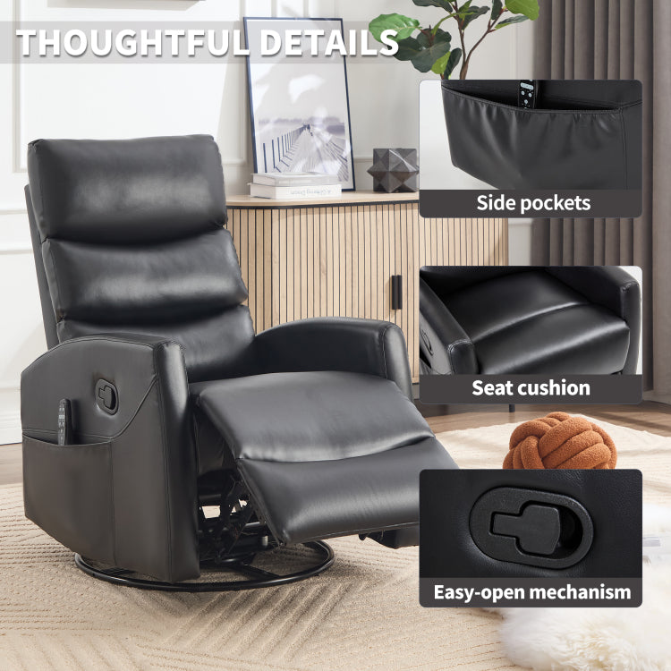 Heat Massage Manual Recliner Chair With Rocker And Swivel In Fabric For Living Room, Black