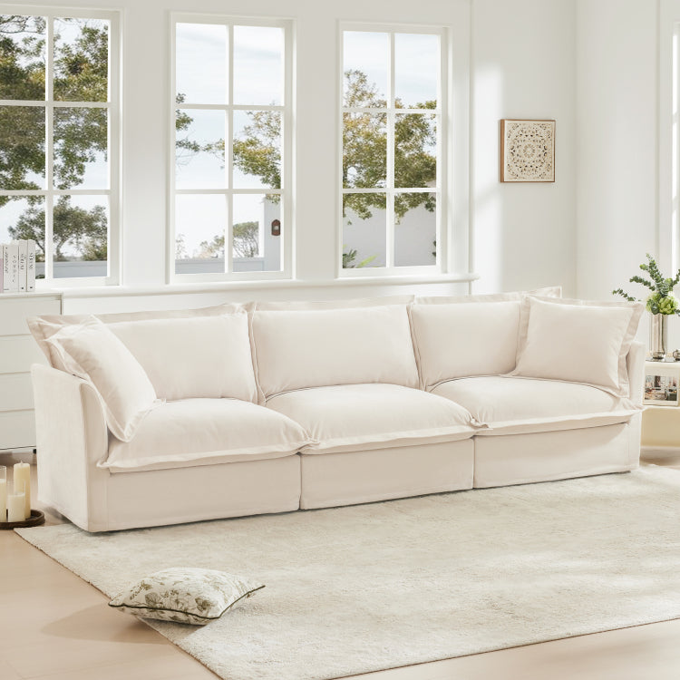 Slipcovered Sofa Couch, Modern 3 Seater Sofa With Suppleness Armrests, Chenille Fleece Deep Seat Sofa With Soft Multiple Big Pillows, Comfy Couch For Living Room, Apartment,Chenille Fabric, Cream