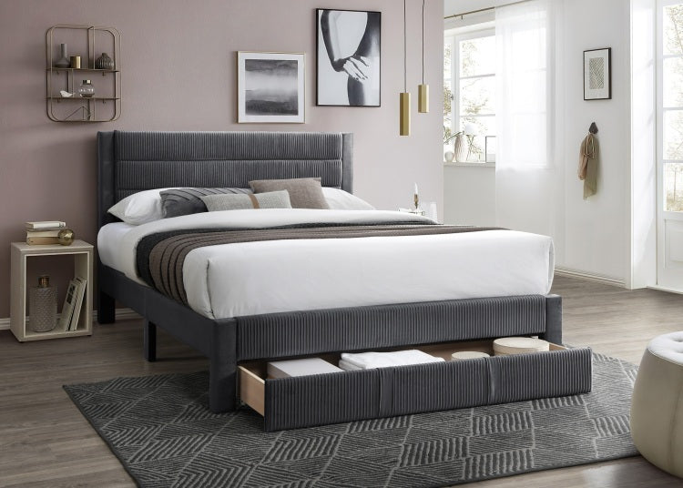 Luxury Contemporary Look 1Pc Full Size Bed W Storage Drawer Charcoal Corduroy Headboard Bedframe