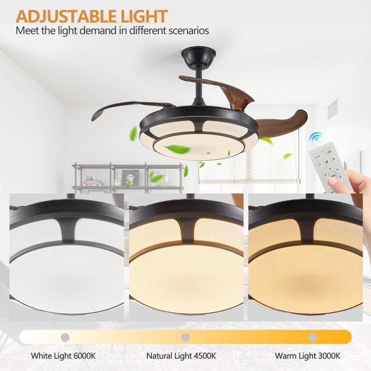42" Retractable With Light, Modern Led Chandelier Fan With Remote Control, 6 Speed Adjustable Blades, Quiet Dc Motor, Dimmable Lighting For Living Room, Bedroom, Dining Room