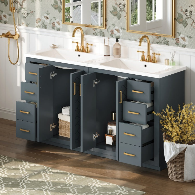 60'' Bathroom Vanity Set With Ceramic Sink Separate ,Solid Wood Frame Bathroom Storage Cabinet, Freestanding Vanity Set With Drawers & Soft Closing Doors