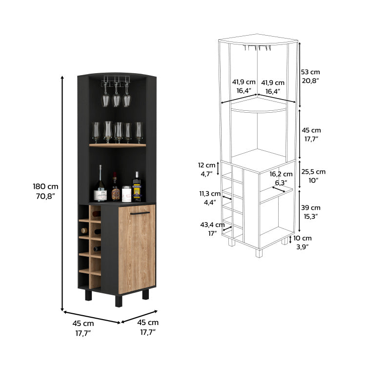 Corner Bar Single Door Cabinet Two Shelves, Ten Built In Wine Rack, Two Interior Shelves, Black Pine