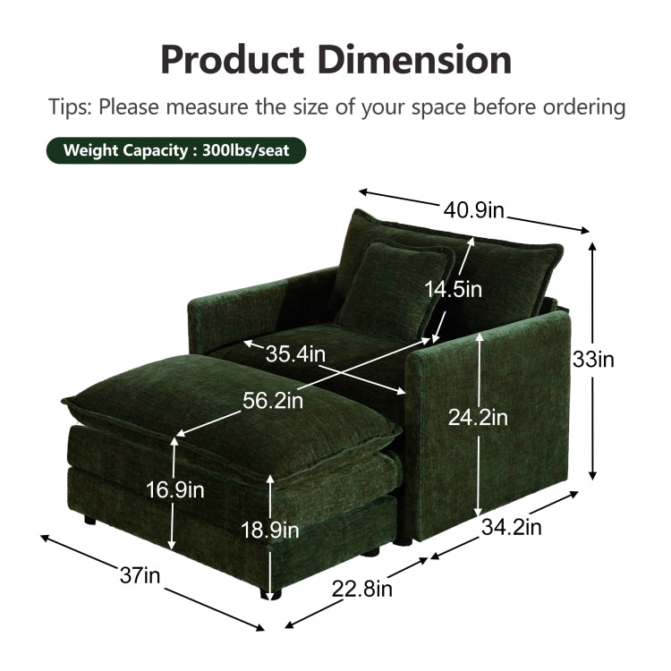 Modern Accent Chair With Ottoman, Living Room Club Chair Chenille Upholstered Armchair , Reading Chair For Bedroom, Green Chenille