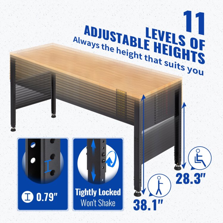 Workbench Adjustable Height, 48" L X 20" W X 38.1" H Garage Table W 28.3" 38.1" Heights & 2000 Lbs Load Capacity, With Power Outlets & Hardwood Top & Metal Frame & Foot Pads, For Office Home