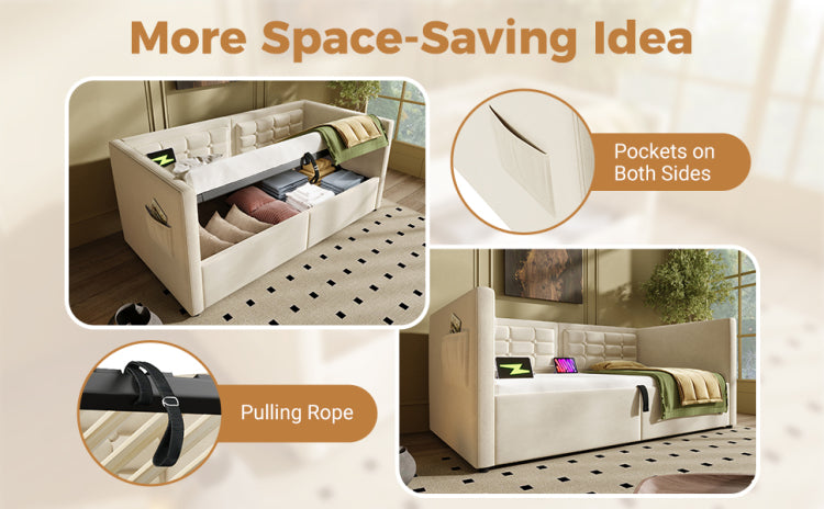 Upholstered Twin Size Daybed, Hydraulic Storage Twin Bed Frame With Usb & Type C Charging, Bed Frame With Wooden Slats And Tufted Sofa Back, Beige, Velvet Without Mattress