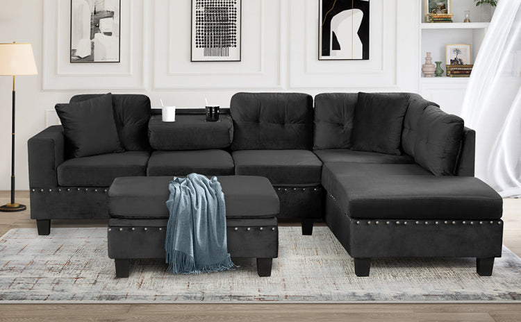 105" Modern Sectional Sofa With Storage Ottoman, L Shape Couch With 2 Pillows And Cup Holders,Sectional Sofa With Reversible Chaise For Living Room, Black