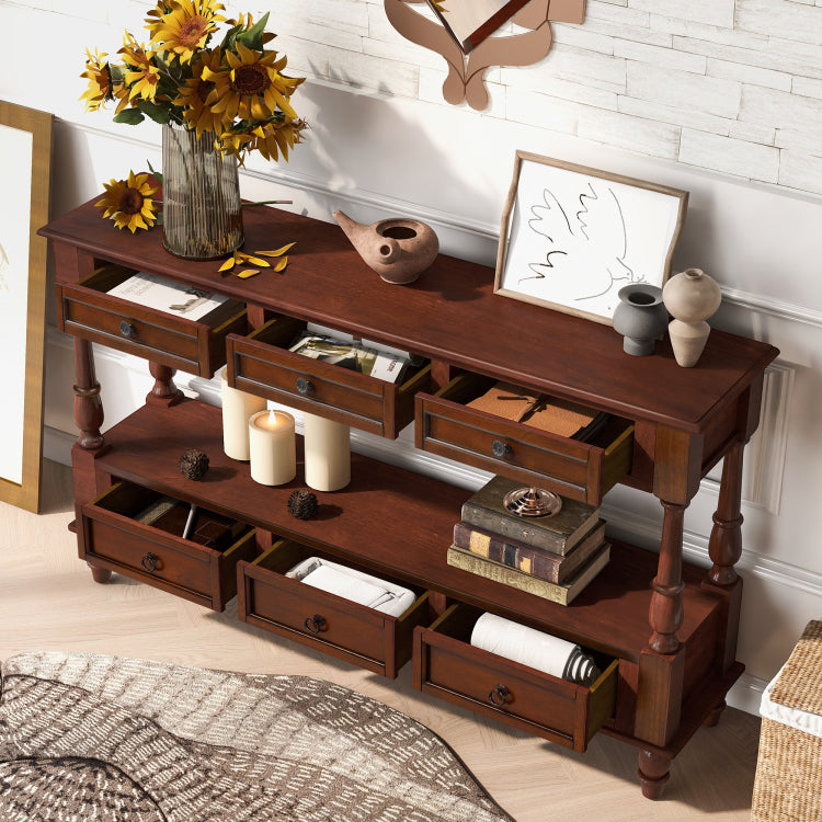 Solid Wood Console Table With 6 Drawers And Shelf, Vintage 54'' 2 Tier Wood Couch Foyer Table For Living Room, Hallway, Entrance Cherry
