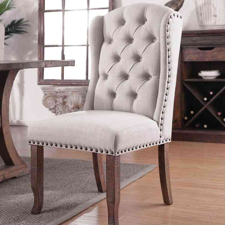 Contemporary Ivory Beige Fabric 2Pcs Side Chairs Tufted Wingback Design Rustic Oak Solidwood Back Dining Chairs Furniture