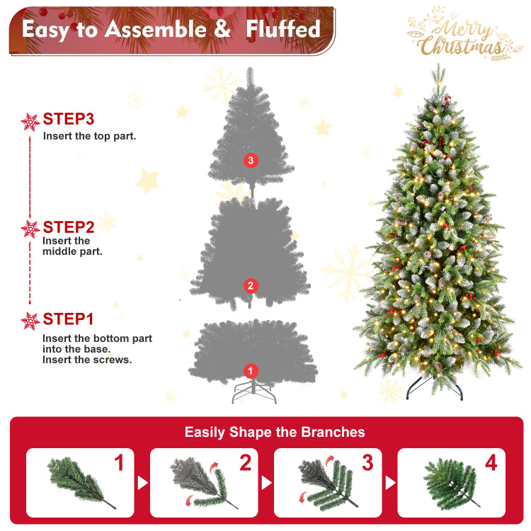 6Ft Pre Lit Artificial Christmas Tree With 380 Warm White Led Lights, 1264 Tips, Frosted Greenery With Red Berries & Natural Pinecones, Full Holiday Tree With Sturdy Metal Stand For Indoor