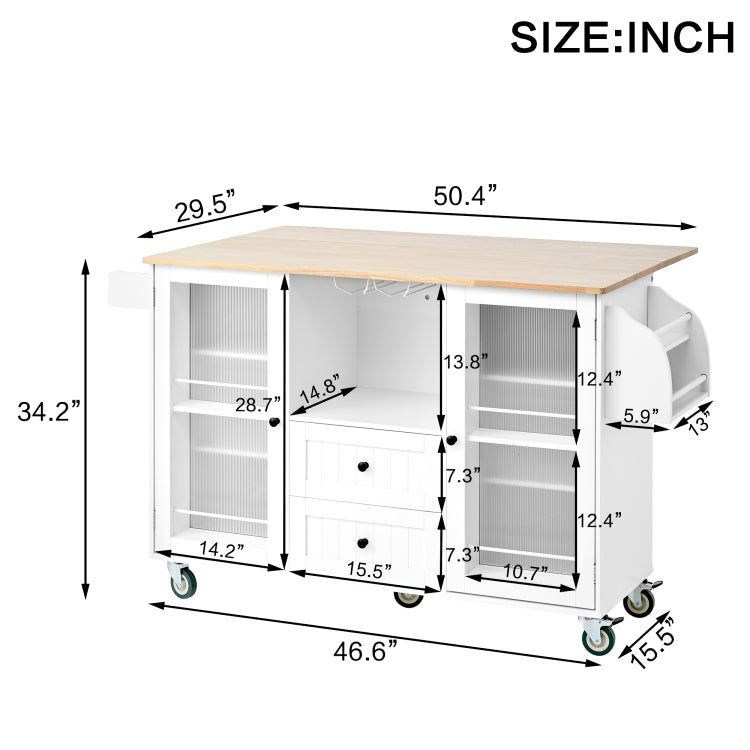 Mobile Kitchen Island Storage Trolley Cart On Wheels With Dropleaf Top, Towel Spice Rack,2 Drawers, 2 Door Cabinet, White
