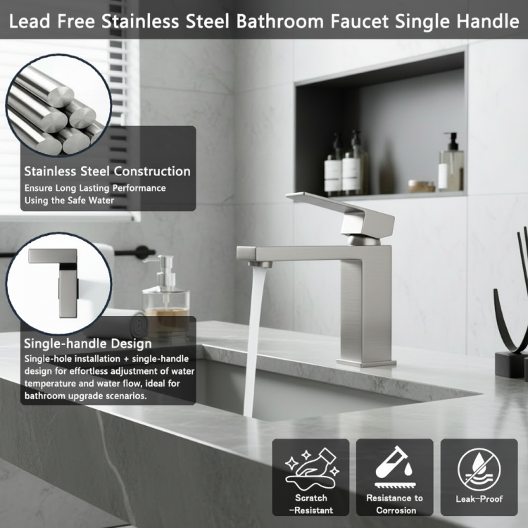 Single Handle Bathroom Faucet Lavatory Faucet Stainless Steel Single Hole T20, Brushed Nickel