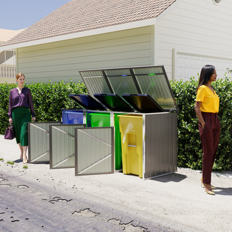 Garbage Bin Shed Stores 3 Trash Cans With Pneumatic Support Rod, With Lockable Doors & Waterproof Lid Chain, For Patio,Garden,Backyard,Grey