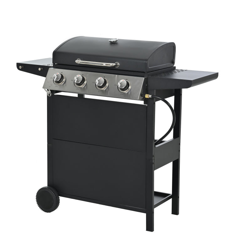 Propane Gas Grill 4 Burner Barbecue Grill, Stainless Steel 34,000 Btu Patio Garden Barbecue Grill With Two Shelves, Lid, Wheels And Bottle Opener