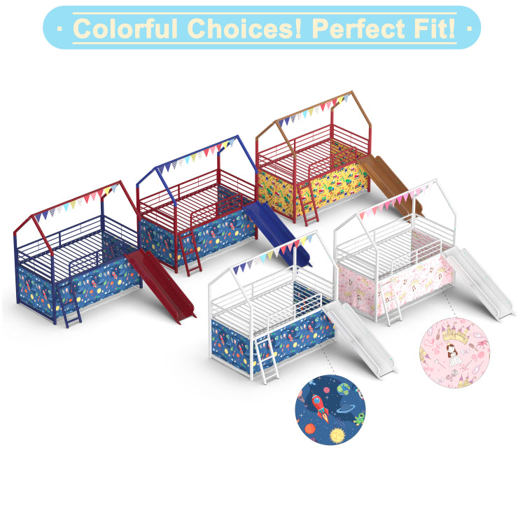 Jack Metal Junior House Twin Loft Bed With Slide And Curtain Set And Pennant Banner Flag And Star Stickers, White With Blue