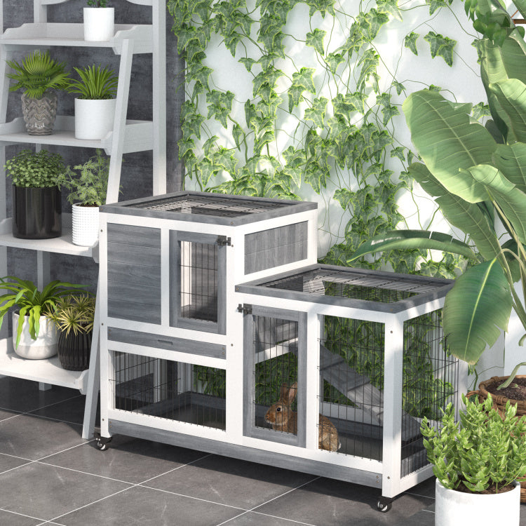 Pawhut Wooden Rabbit Hutch Elevated Bunny Cage Indoor Small Animal Habitat With Enclosed Run With Wheels, Ramp, Removable Tray Ideal For Guinea Pigs, Grey