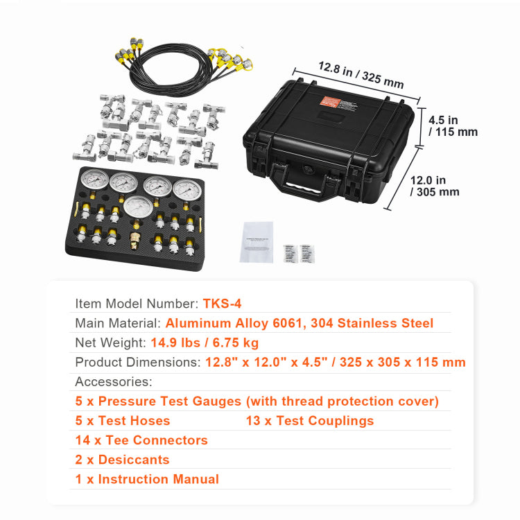 Hydraulic Pressure Test Kit, 10 100 250 400 600Bar, 5 Gauges 13 Couplings 14 Tee Connectors 5 Test Hoses, Excavator Hydraulic Test Gauge Set With Carrying Case For Excavator Tractors Machinery