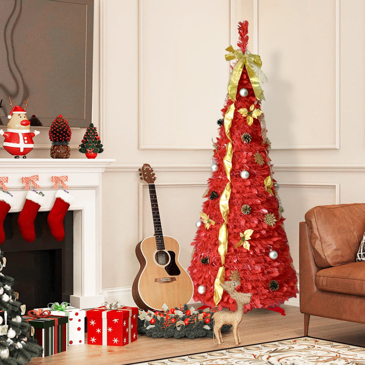 6Ft Red Pop Up Christmas Tree With 150 Warm White Led Lights, Ornaments Included 4 Ribbons, Bow, Flowers, Snowflakes, Pine Cones & Balls Easy Assembly & Space Saving Holiday D Cor