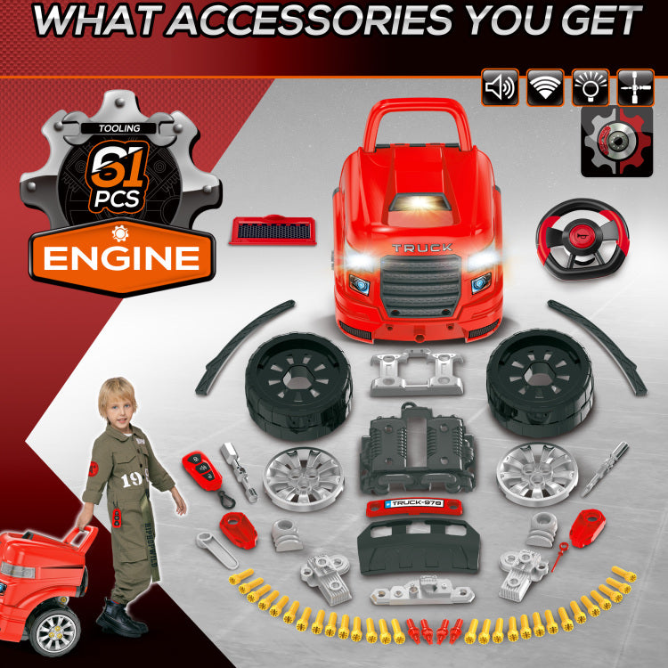 Qaba Kids Truck Engine Toy, Kids Mechanic Car Repair Set, Engine Disassembly Play Workshop, Includes 61 Pieces, Steering Wheel, Horn, Light For 3 5 Years Old, Red