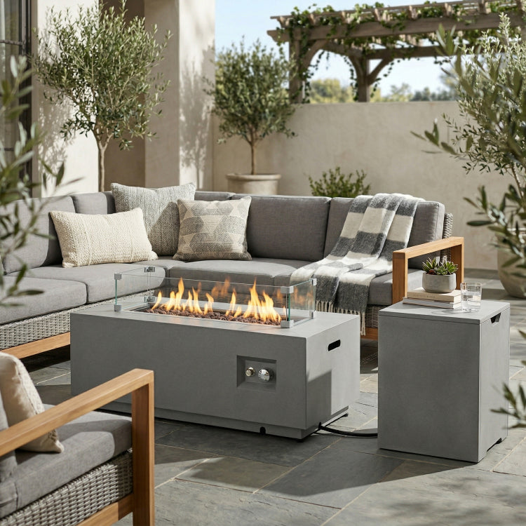 Old Sku: W853P193937 42" Propane Gas Fire Pit Table 2 Pieces, 50000 Btu Rectangular Steel Fire Pit With Glass Wind Guard For Outside Patio Deck Garden Courtyard Gray