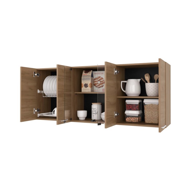 Natural Oak Wall Cabinet Kitchen In Melamine With 4 Door And Glass Storage