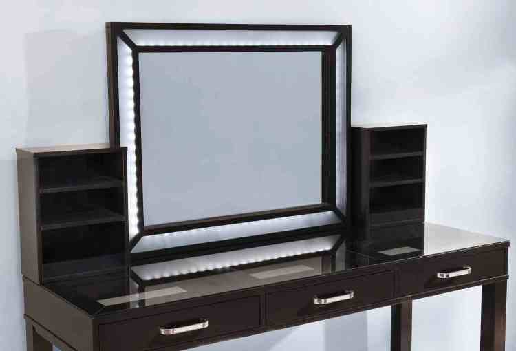Glam Style 1Pc Vanity W Stool Set Tempered Glass Top Central Mirror Storage Drawers Padded Stool Obsidian Gray Finish