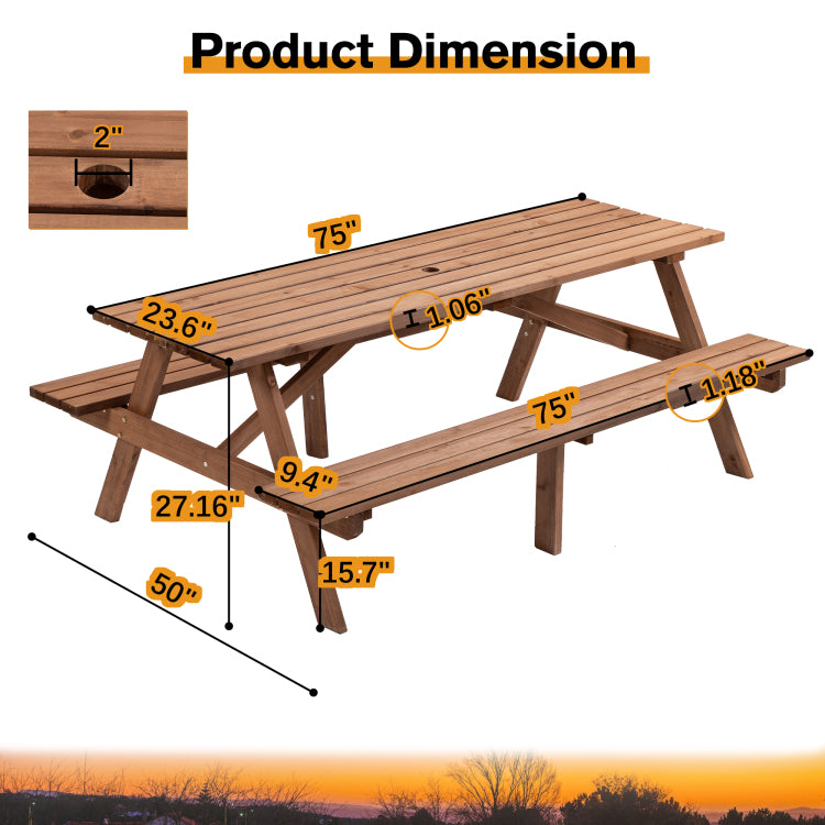 8 Person Brown Wooden Picnic Table, Outdoor Camping Dining Table With 2 Seats, Garden, Diy With 2 Built In Benches, 2220Lb Capacity