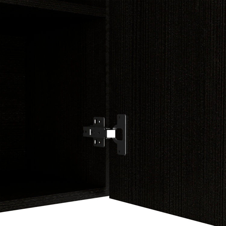 Wall Cabinet 24" H, Four Doors, Two Open Storage Shelves, Two Internal Shelves, Internal Dish And Glass Organizer, Black