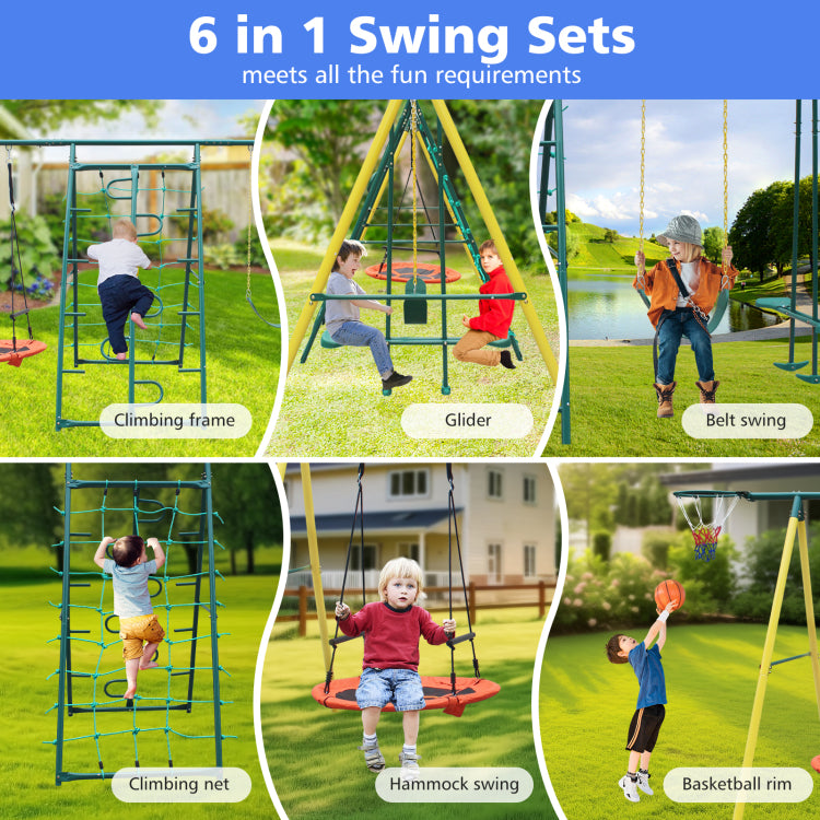 6 In 1 Swing Set With Climbing Frame, Climbing Net, Glider, Hammock Swing, Belt Swing, Basketball Rim For Backyard