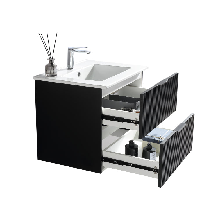 24 Inch Bathroom Vanity Cabinet With Ceramic Sink Black Wall Mounted Floating Fluted Vanity With Drawers, Modern