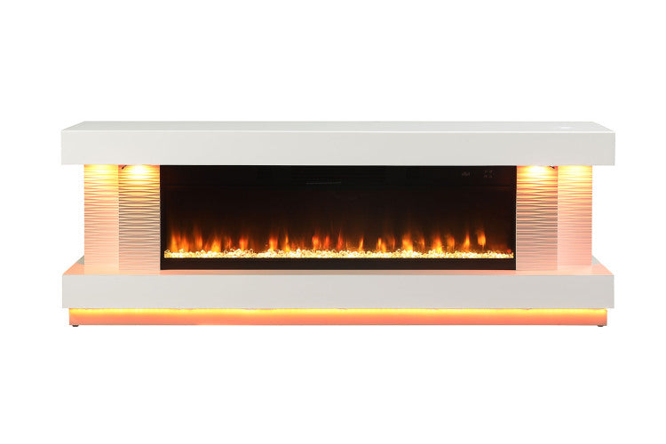 Contemporary Style Tv Stand Electric Fire Place W Heater Included Fahrenheit & Celsius Display White Finish Primary Living Room
