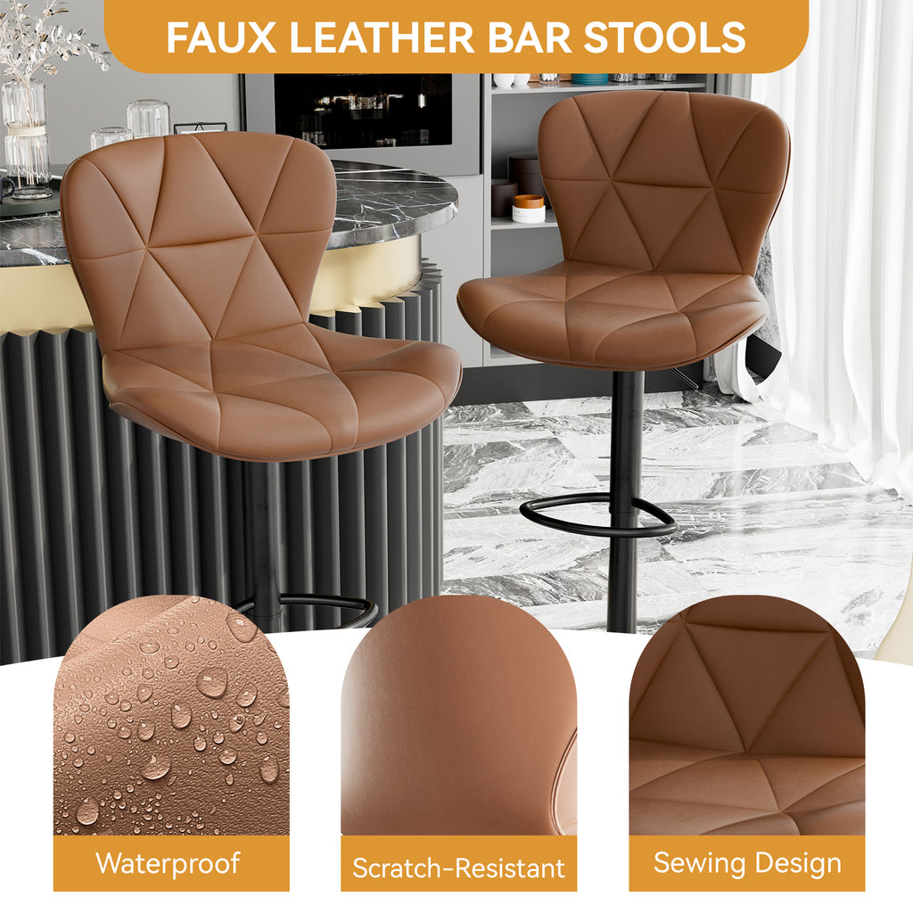 Modern Bar Stools Set Of 2, Faux Leather Upholstered Swivel Bar Stools, Adjustable Counter Height Bar Chairs With Back For Kitchen Island, Rust