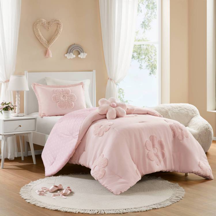 3 Piece Twin Floral Reversible Tufted Chenille Comforter Set With Flower Throw Pillow,Pink