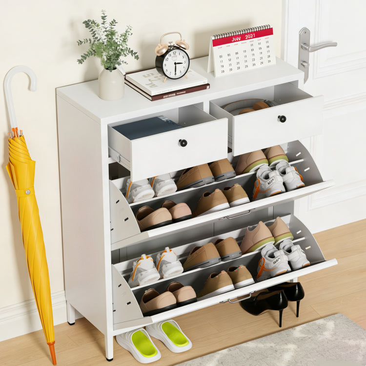 Shoe Cabinet With 2 Flip Drawers And 2 Drawers, Slim Metal Entryway Storage Cabinet, Freestanding 31.5"W X 40.75"H White Organizer With Anti Tip Device