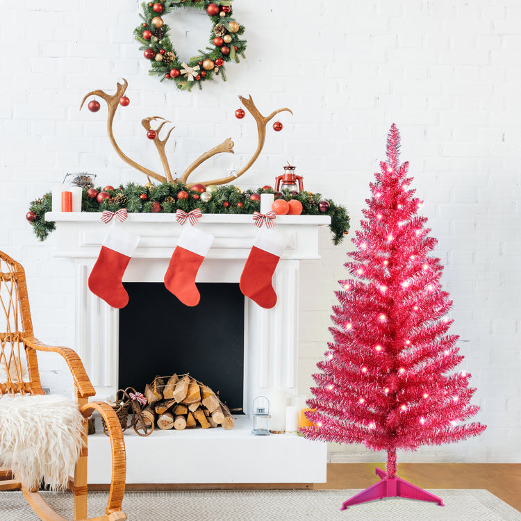 4Ft Red Christmas Tree With 50 Ul Lights, 122 Pvc Tips Prelit Artificial Holiday Tree For Indoor Decoration, Small Space, Tabletop, Apartment, Or Office