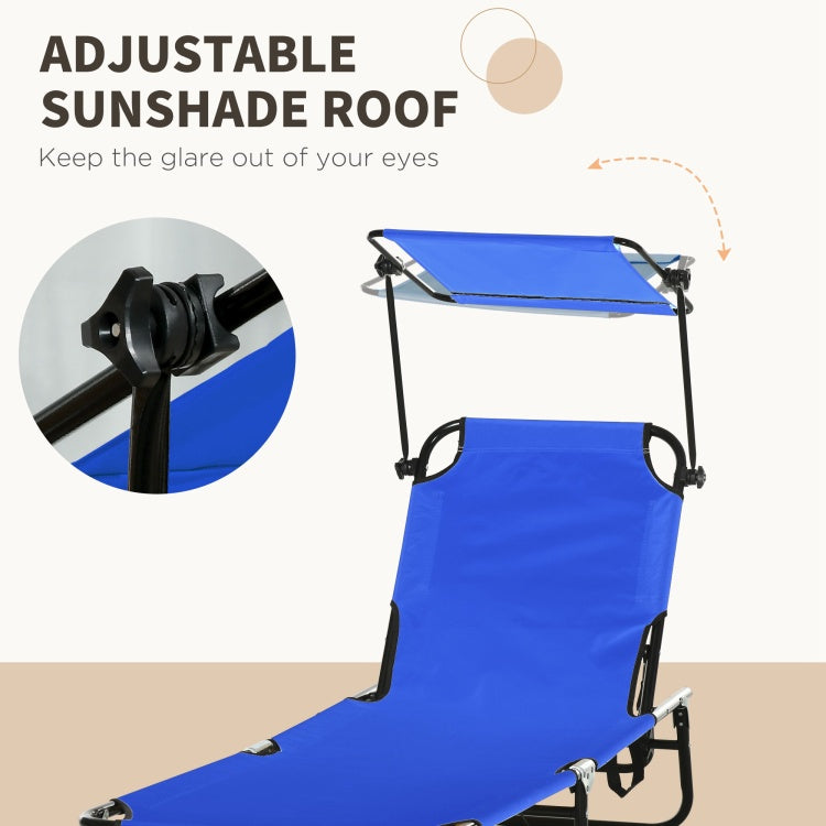 Outsunny Folding Chaise Lounge Pool Chairs, Outdoor Sun Tanning Chairs With Canopy Shade, Reclining Back, Steel Frame And Side Pocket For Beach, Yard, Patio, Blue