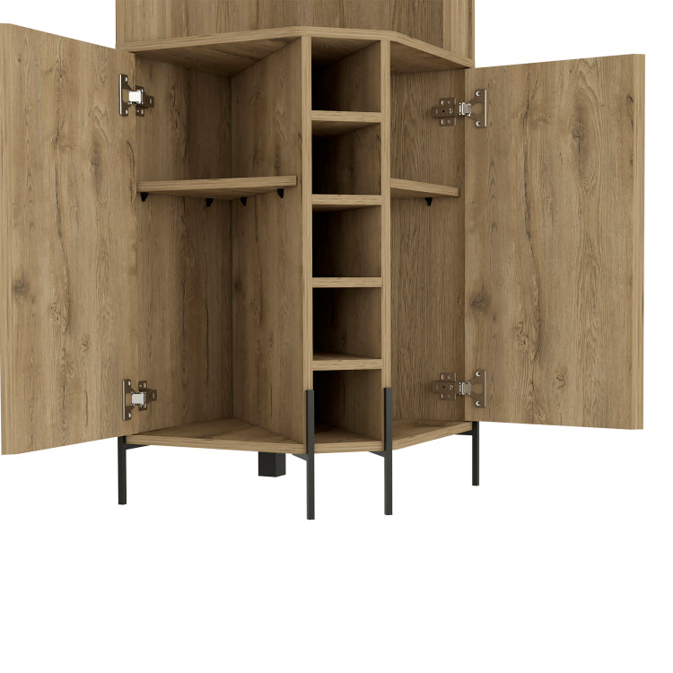 Reese Corner Bar Cabinet, Two Shelves, Double Door Cabinet, Five Built In Wine Rack, Four Interior Shelves