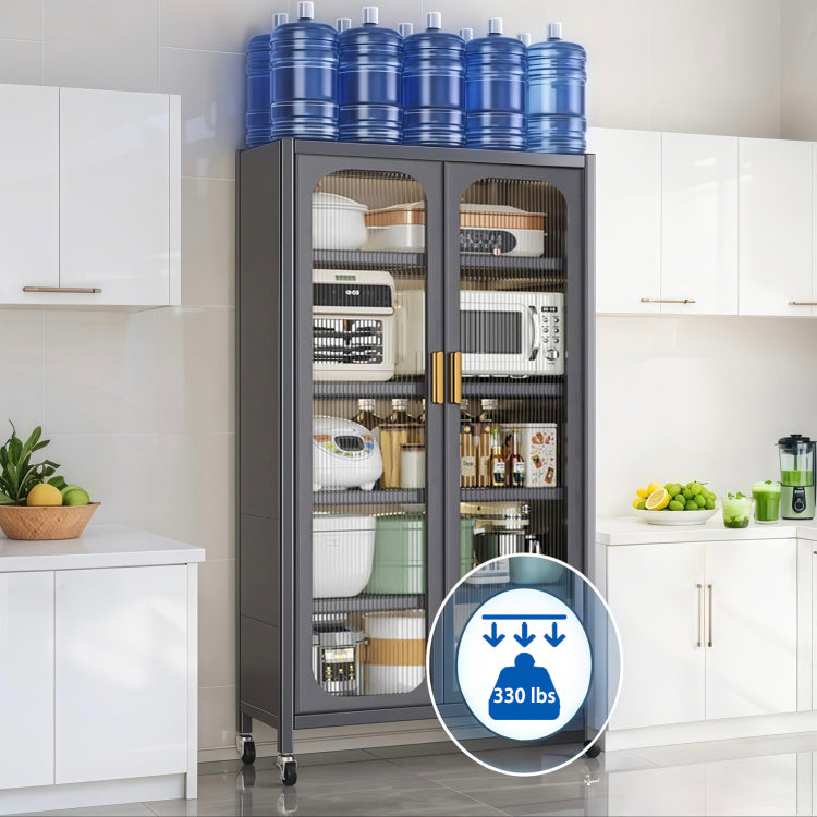 65" Kitchen Pantry Storage Cabinet, 6 Tier Metal Display Storage Cabinet With Transparent Door, Adjustable Shelves & Wheels, Food Pantries Cabinets, For Kitchen, Living Room And Dining Room, Gray