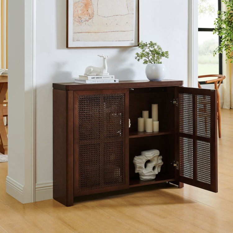 39.4" Mid Century Modern Rattan Sideboard Buffet Cabinet With 2 Outlet Holes, Coffee Bar Wine Bar Credenza, Retro Storage Cabinet For Entryway, Hallway, Living Room, Kitchen, Dining Room, Walnut