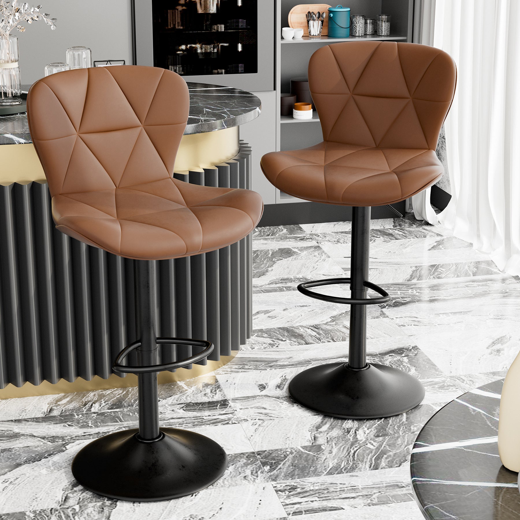 Modern Bar Stools Set Of 2, Faux Leather Upholstered Swivel Bar Stools, Adjustable Counter Height Bar Chairs With Back For Kitchen Island, Rust
