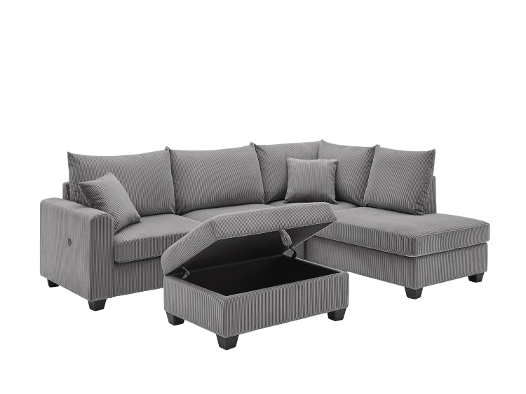 Rowan 107"W Dark Gray Corduroy Fabric Sectional Sofa With Right Facing Chaise, Usb & Usb C Charging Port, Storage Ottoman, And Pillows