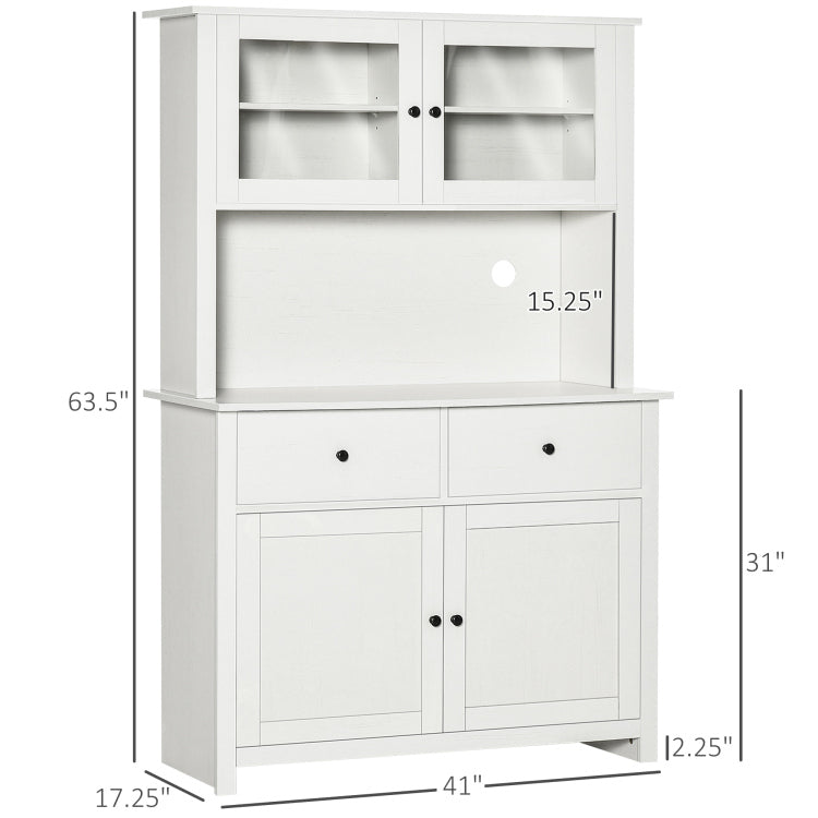 Homcom 63.5" Kitchen Buffet With Hutch, Pantry Storage Cabinet With 4 Shelves, Drawers, Framed Glass Doors, Open Microwave Countertop, Antique White