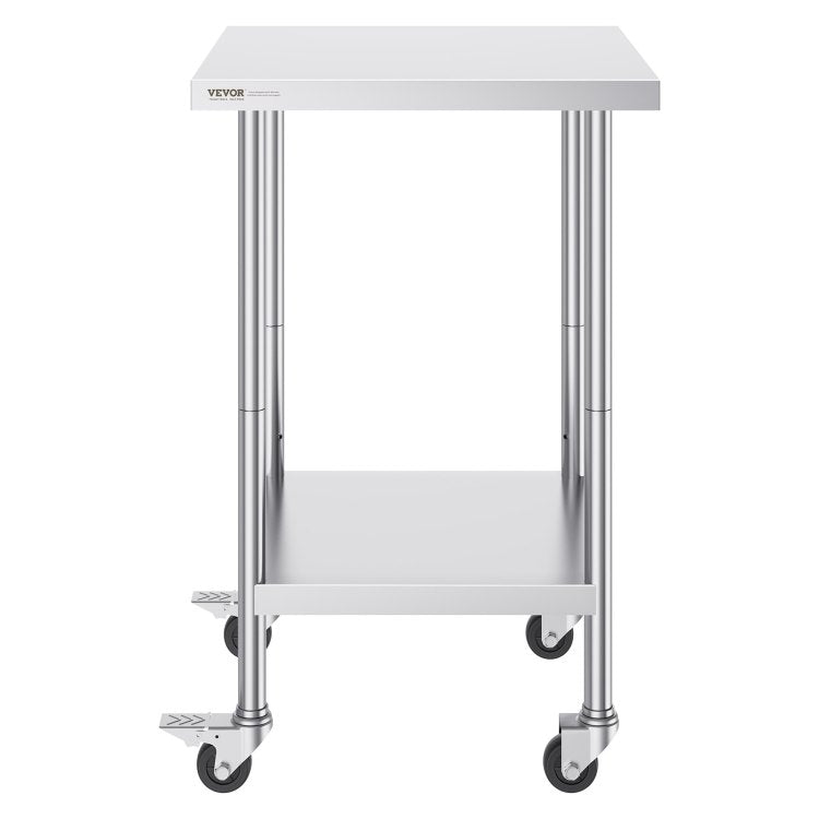 Stainless Steel Work Table 24 X 24 X 38 Inch, With 4 Wheels, 3 Adjustable Height Levels, Heavy Duty Food Prep Worktable For Commercial Kitchen Restaurant, Silver
