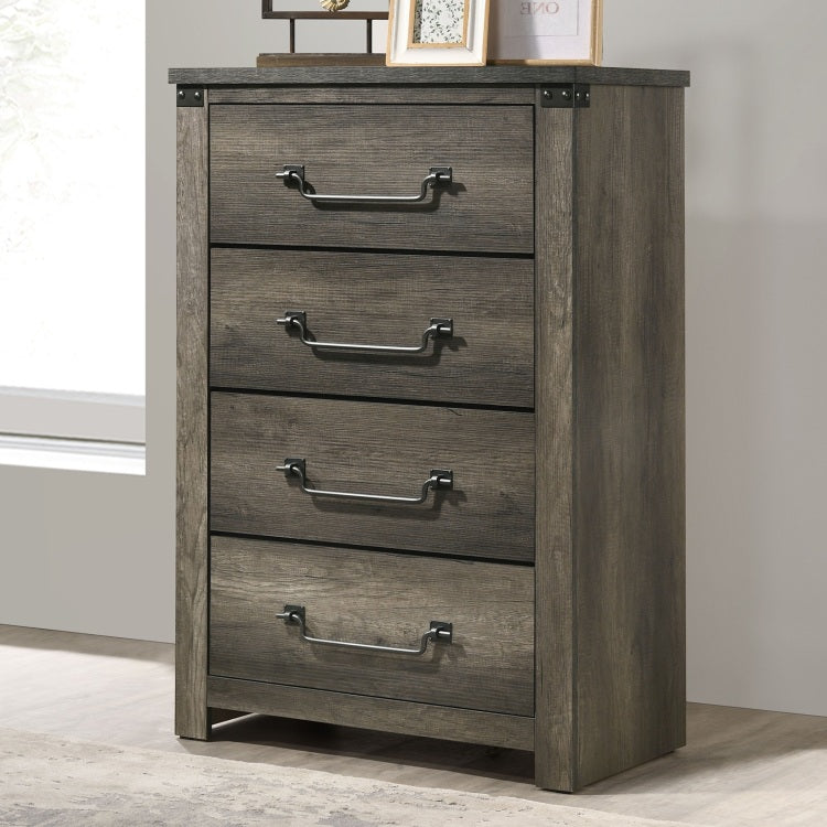 Rustic Style Farmhouse Look 1Pc Chest Drop Handles Antique Brass Color Four English Dovetail Drawers Center Metal Glides Rustic Gray Finish