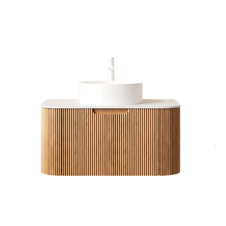 Dina 30" Bathroom Vanity&Sink, Floating Curved Edges Striped Bathroom Storage Cabinet With Drawer, White Round Ceramic Basin&Carrara White Artificial Marble Top, Pre Assembled, Natural Woodgrain