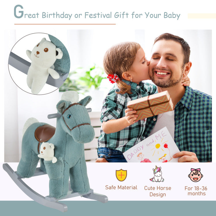 Qaba Kids Plush Ride On Rocking Horse With Bear Toy, Children Chair With Soft Plush Toy & Fun Realistic Sounds, Blue