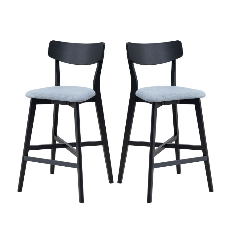 Wooden Bar Chairs Set Of 2, Modern Soft Upholstered Kitchen Island Chairs, Counter Height Stool With Backrest,Wooden Frame Chairs With Footrest For Pub,Living Room,Restaurant,Black