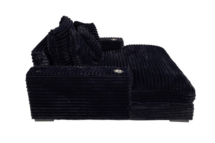 Modern Chaise Lounge W 2 Cup Holders Usb Ports Black Corduroy Wooden Legs Pillows Plush Couch Sofa Chaise