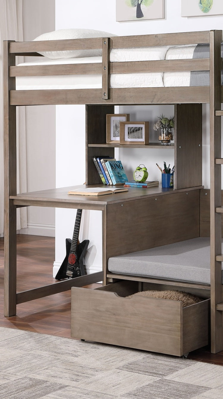 Modern Transitional Twin Over Workstation Loft Bed With Storage Box Attached Ladder Workstation And Bookcase, Warm Grey