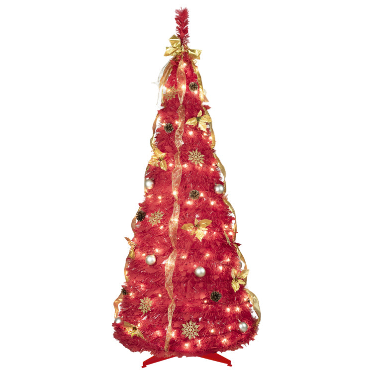 6Ft Red Pop Up Christmas Tree With 150 Warm White Led Lights, Ornaments Included 4 Ribbons, Bow, Flowers, Snowflakes, Pine Cones & Balls Easy Assembly & Space Saving Holiday D Cor