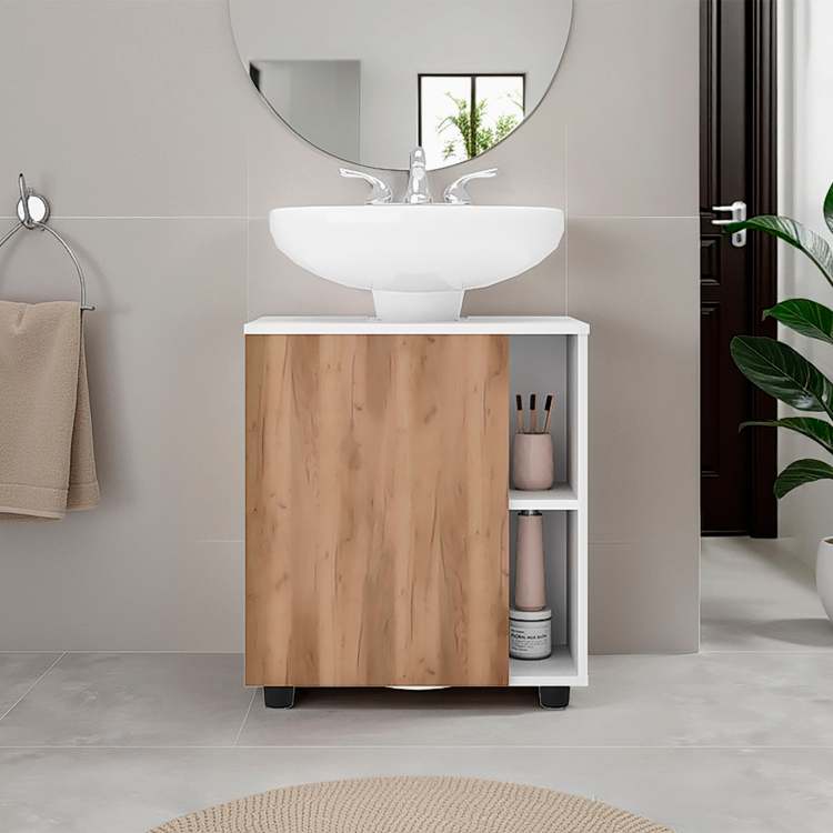 White And Natural Oak 1 Door Pedestal Sink Cabinet With 5 Open Compartments